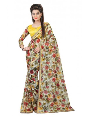 Indian Ethnic Designer Printed Russel Net Multi Color Saree With Free Blouse